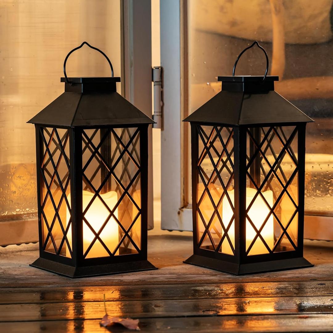 Homemory Solar Lanterns Outdoor Waterproof Hanging with Flickering Flameless Candles, 2 Pack 13'' Garden Outdoor Lantern Decorative for Patio Front Porch Backyard Balcony Cabin Outside Table(Black)