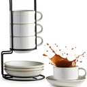 Gomakren 6 Ounce Cappuccino Cups with Saucers and Metal Stand, Stackable Coffee Cup Set of 4, Valentine Porcelain Espresso Cups for Coffee Drinks, Cappuccino, Latte, Americano, Tea, White