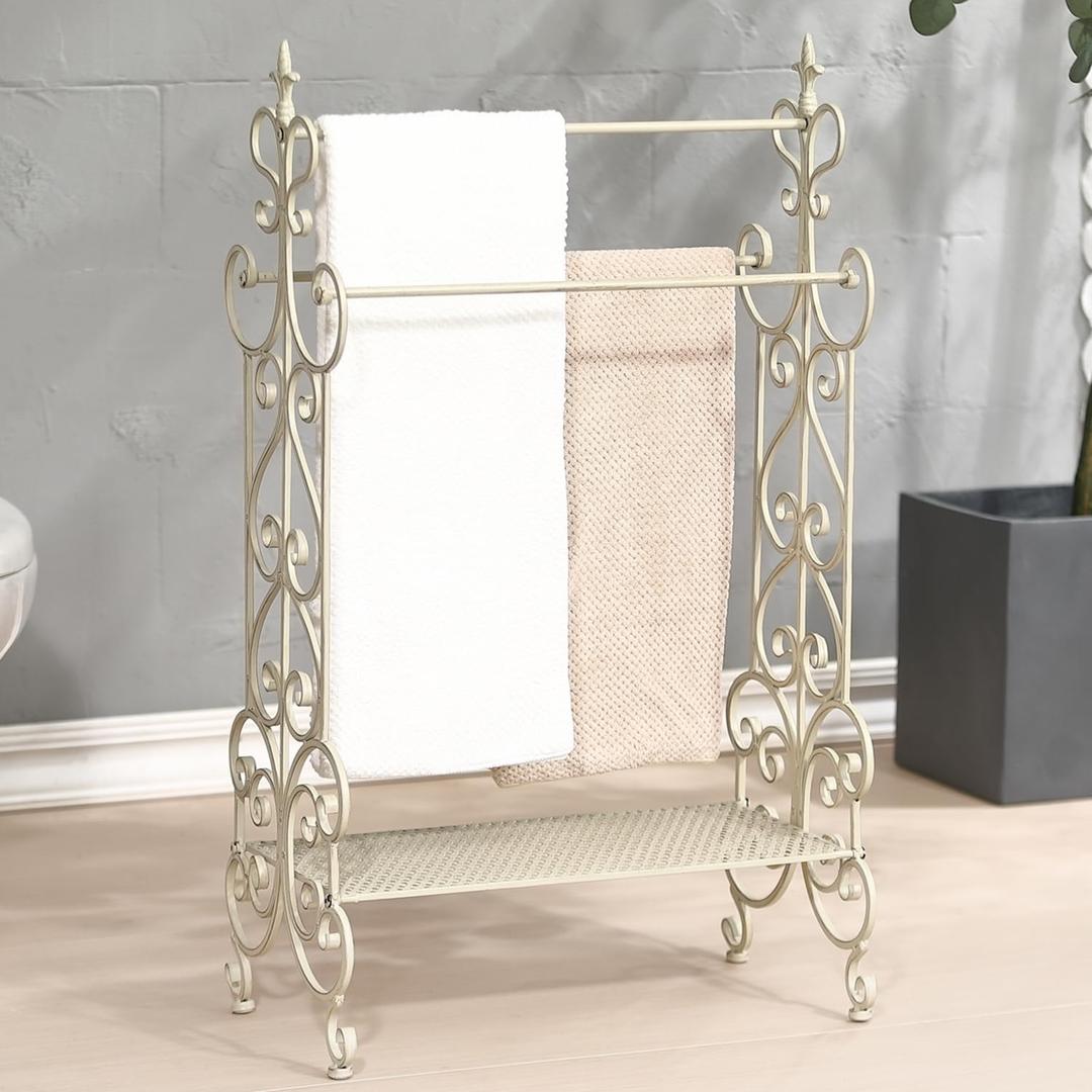 Free Standing Towel Rack for Bathroom, 3 Tier Metal Towels Rack Freestanding with Storage Shelf, Retro White Floor Towel Rack Stand for Bath Towels Hand Washcloths, 21.2 x 11.8 x 36.2