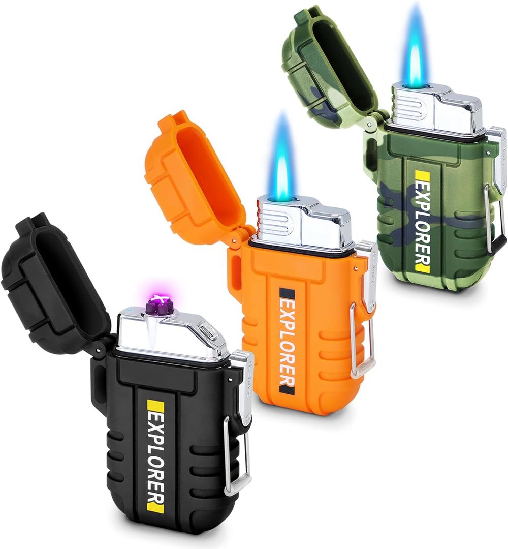 3 Pack Waterproof Lighter Outdoor Windproof Torch Lighters Dual Arc Lighters Butane Electric USB Rechargeable Flameless Plasma Lighter Camping Hiking Adventure Survival Tactical Gear