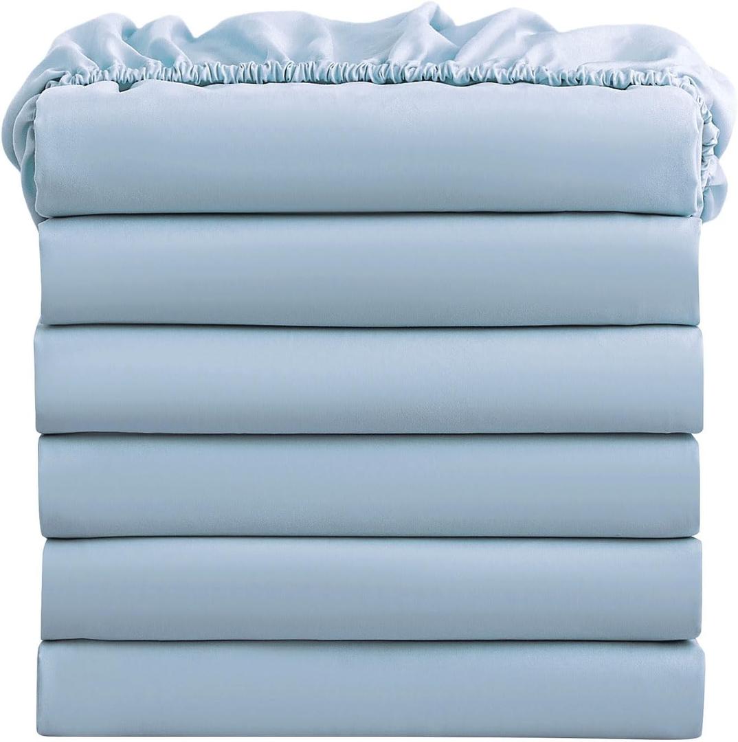 FreshCulture Twin Fitted Sheets, Bulk Pack of 6, Deep Pocket, Soft Microfiber Bottom Sheets for Home, Salons, Hotels, Twin Size Fitted Sheets Only (Light Blue)