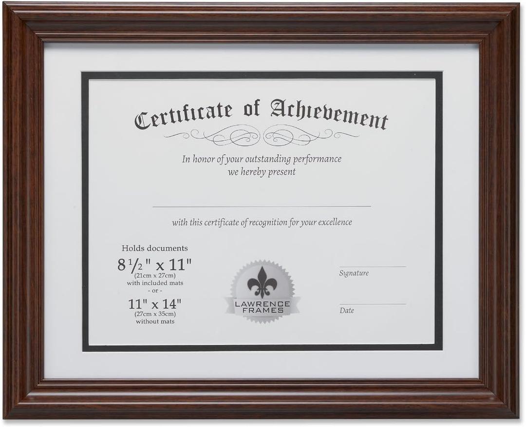 Lawrence Frames Dual Use 11 by 14-Inch Certificate Picture Frame with Double Bevel Cut Matting for 8.5 by 11-Inch Document, Walnut