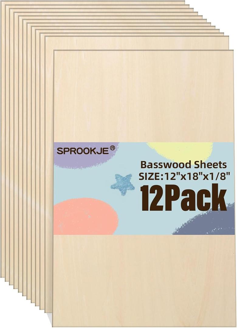 Basswood Sheets 12"x18"x1/8",12 Pack | 3mm Basswood for Laser Cutting and Engraving, Unfinished Wood for Crafts,Wood Burning, DIY Ornaments