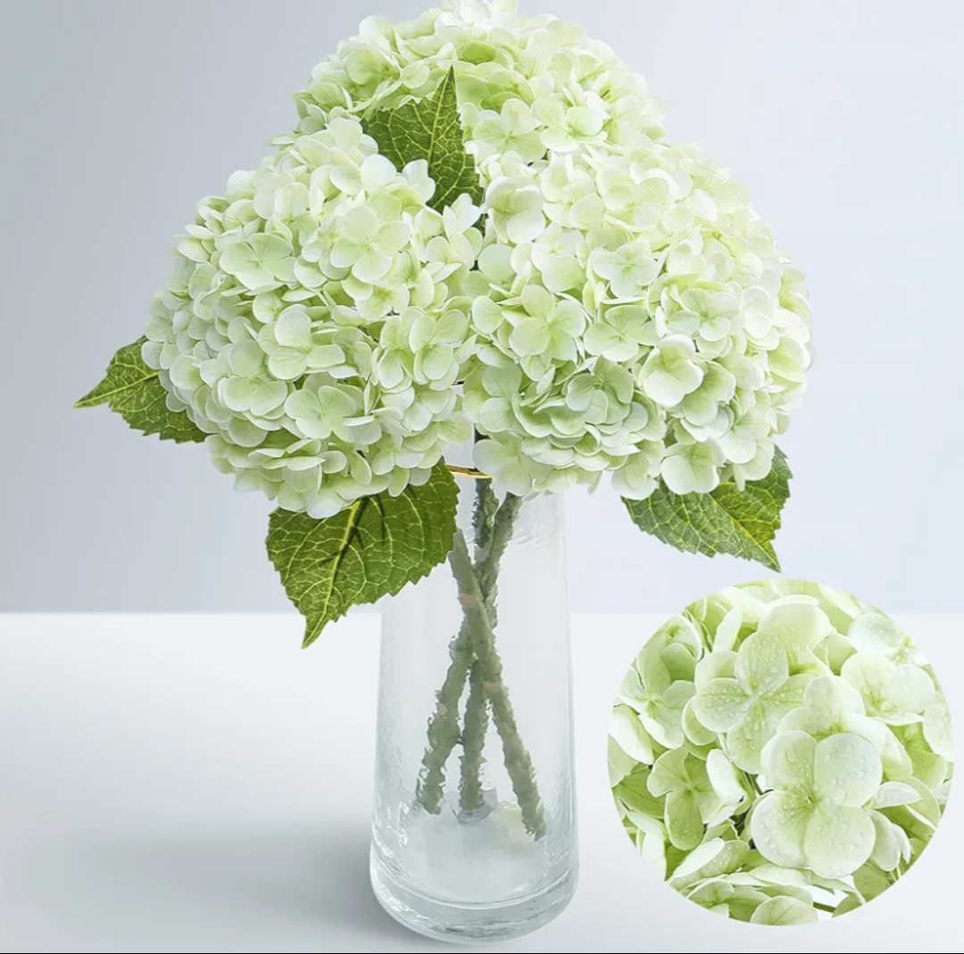 Fake Green Hydrangea Artificial Flowers Bouquet 3pcs Real Touch Silk Fake Hydrangeas Heads with 176 Petals and Stems Fall Faux Hydrangeas Flowers for Table Centerpieces Party Floral Arrangements