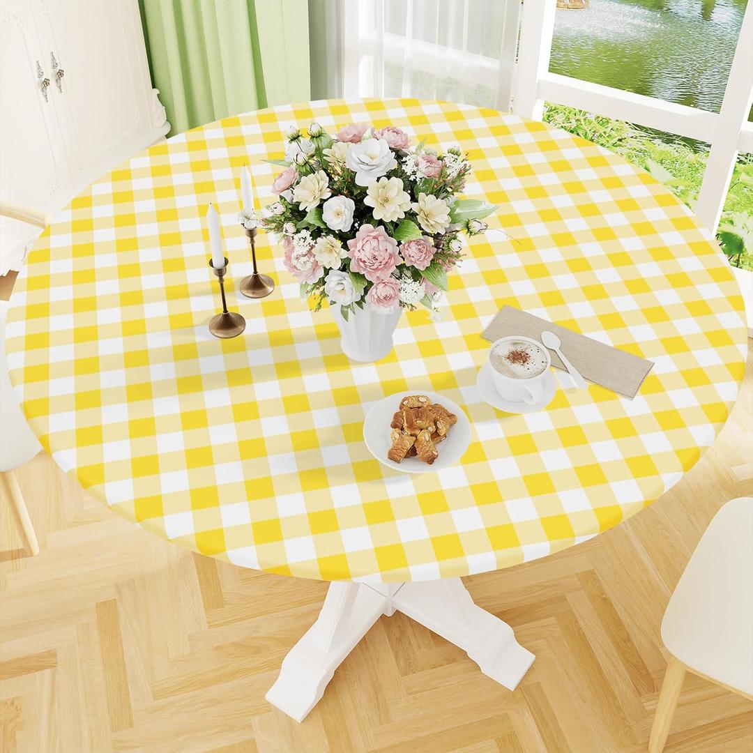 Smiry Round Picnic Tablecloth, Elastic Waterproof Fitted Vinyl Tablecloths for 42"-50" Tables, Flannel Backed Buffalo Plaid Table Cover for Dining, Camping, Outdoor, White and Yellow