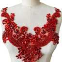Handmade Rhinestones lace Applique handsewing Beads Trim Patches Neckline for Dress Clothes Accessory (Red)