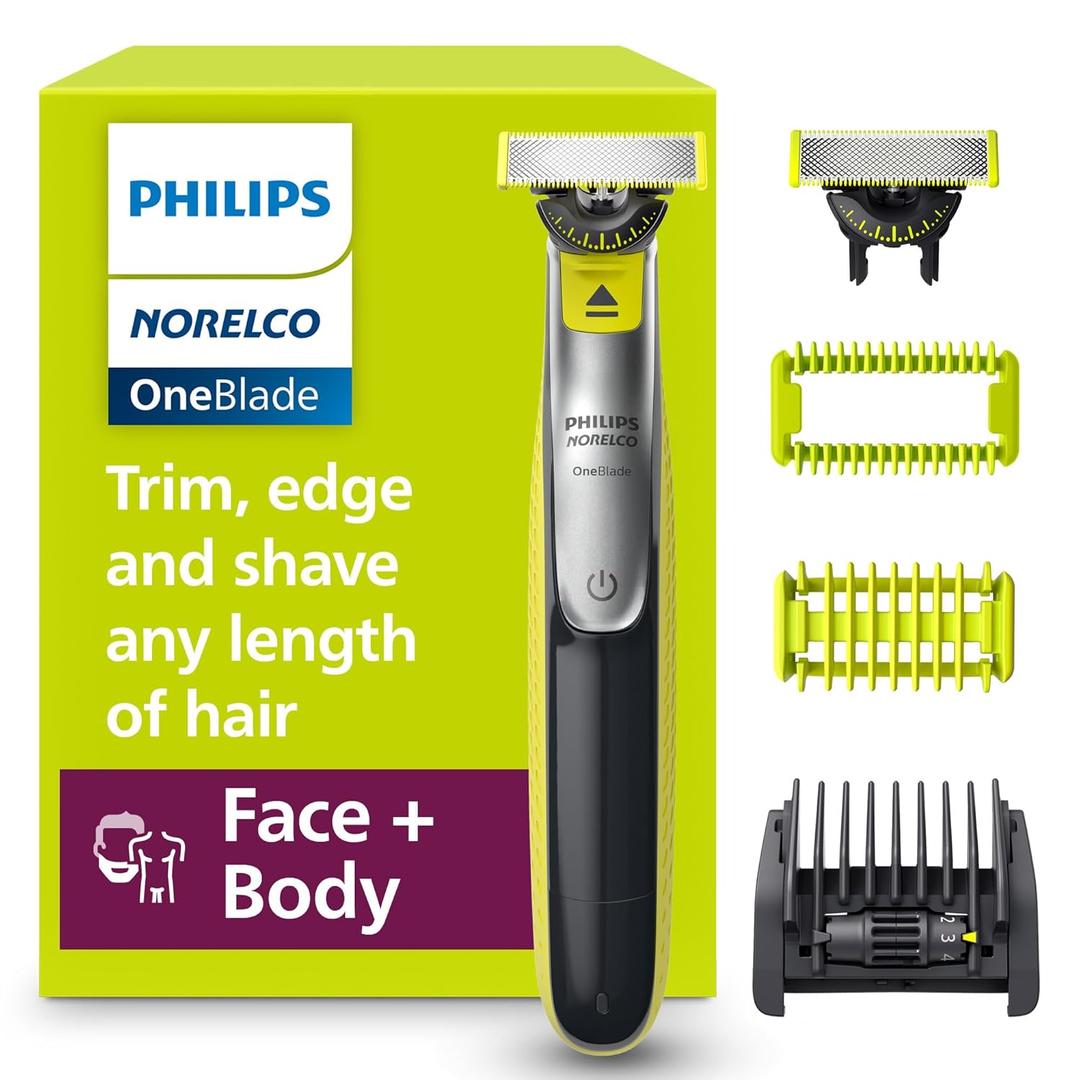 Philips Norelco for Face + Body, Electric Beard Trimmer, Shaver and Groomer, 5in1 Adjustable Comb, 1x Body Kit, Model QP2834/70, Black/Lime Green
