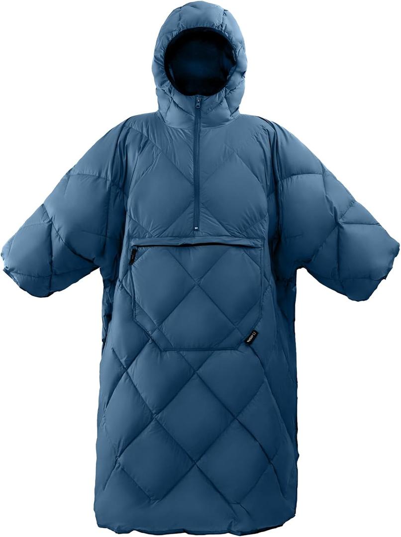ATEPA Wearable Sleeping Bag, Recycled Water-Resistant Camping Blanket Poncho, Ultralight Packable Stadium Blanket for Outdoor (Blue)