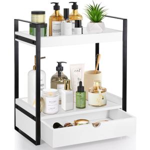 2-Tier Wooden Counter Shelf with Drawer, Vanity Tray for Organization and Decor, Countertop Organizer for Bathroom and Kitchen (White)
