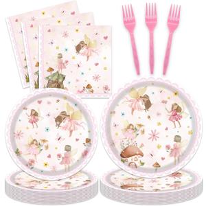96Pcs Fairy Birthday Party Plates and Napkins Forks for 20 Guests - Disposable Tableware Floral Supplies First Pink Fairy Themed for Girls Baby Shower Birthday Party Decorations