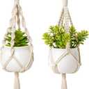 Dahey Mini Macrame Plant Car Accessories Rear View Mirrior Charm Cute Hanging Rearview Car Decor Boho Small Hanger with Artificial Succulent Plants for Plant Lover, 2 Pcs, 10.5 inch, White