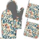 Heat Resistant Pot Holders and Oven Mitts,Vintage Floral Extra Long Kitchen Oven Mitt Set,Rustic Flower Cotton Lining Anti-Slip Waterproof Kitchen Mittens Hot Pan Holder for Baking Cooking Grilling