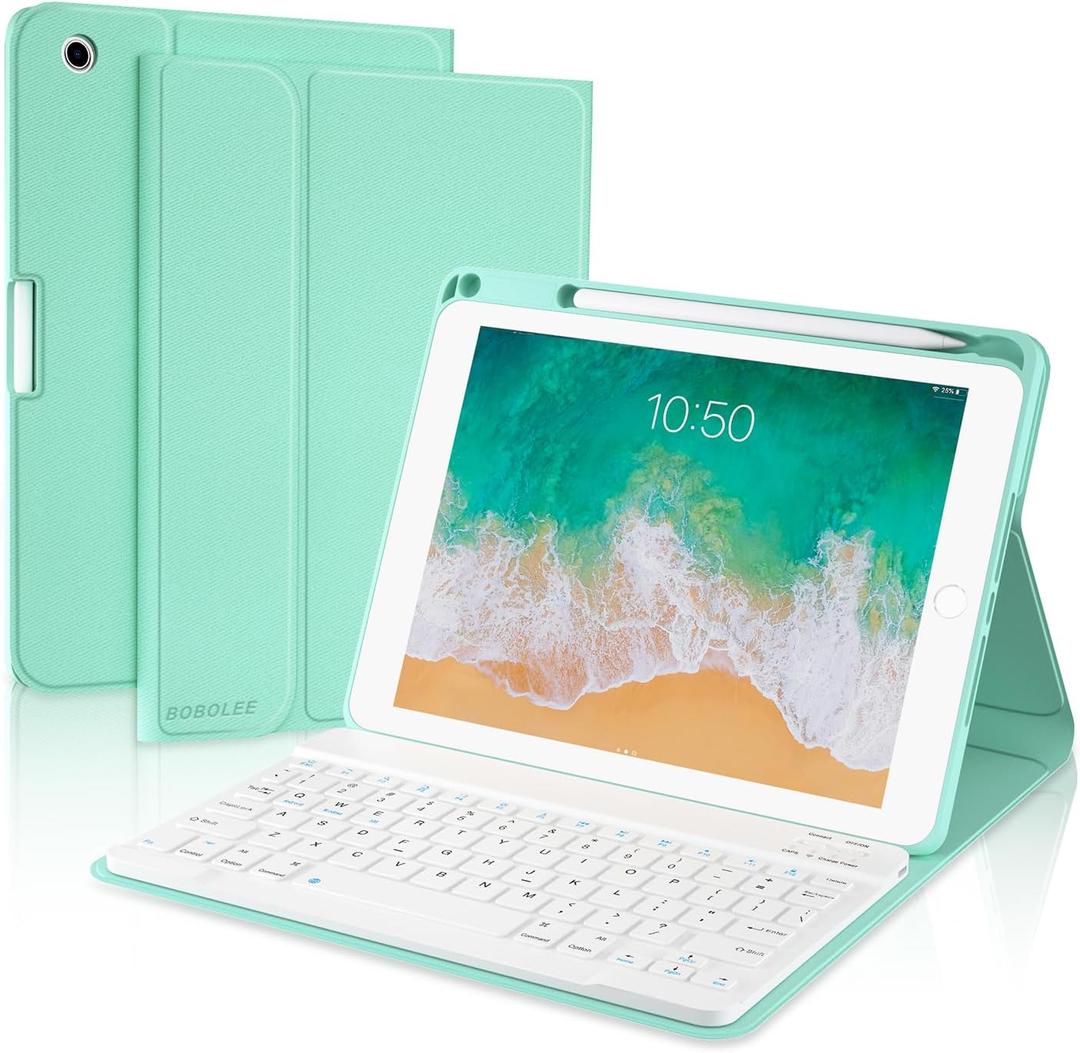 BOBOLEE Keyboard Case for iPad 9.7 inch 6th 2018, 5th Gen. 2017, Air 2 2014 Released, Wireless Detachable Keyboard, Thin Slim Folio Cover Shell with Pen Holder, Auto Sleep Wake, GR (Non-Backlit Keyboard for iPad 9.7 inch, Green with Non-Backlit Keyboard)