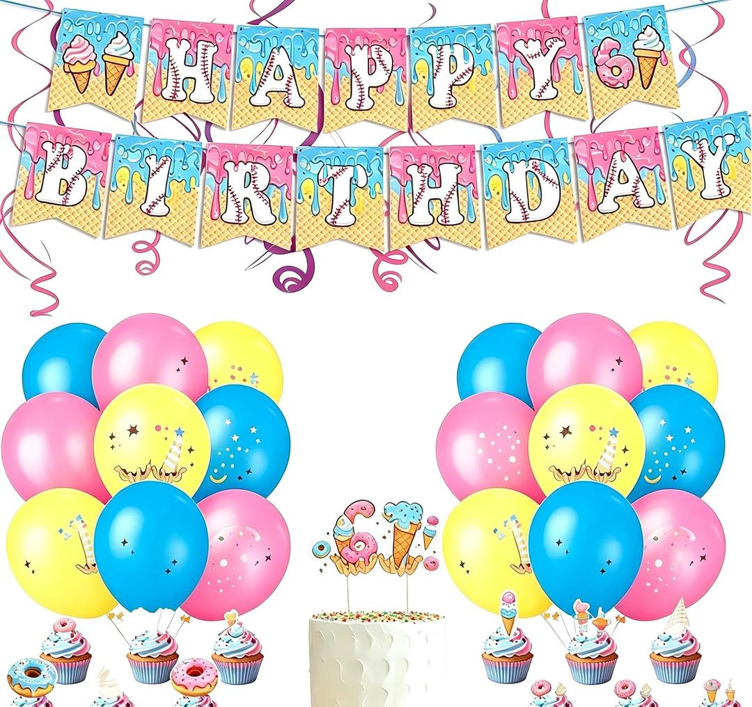 Birthday Party Decorations, Ice Cream Drip Theme Banner, Balloons, Hanging Swirls Cake Toppers,