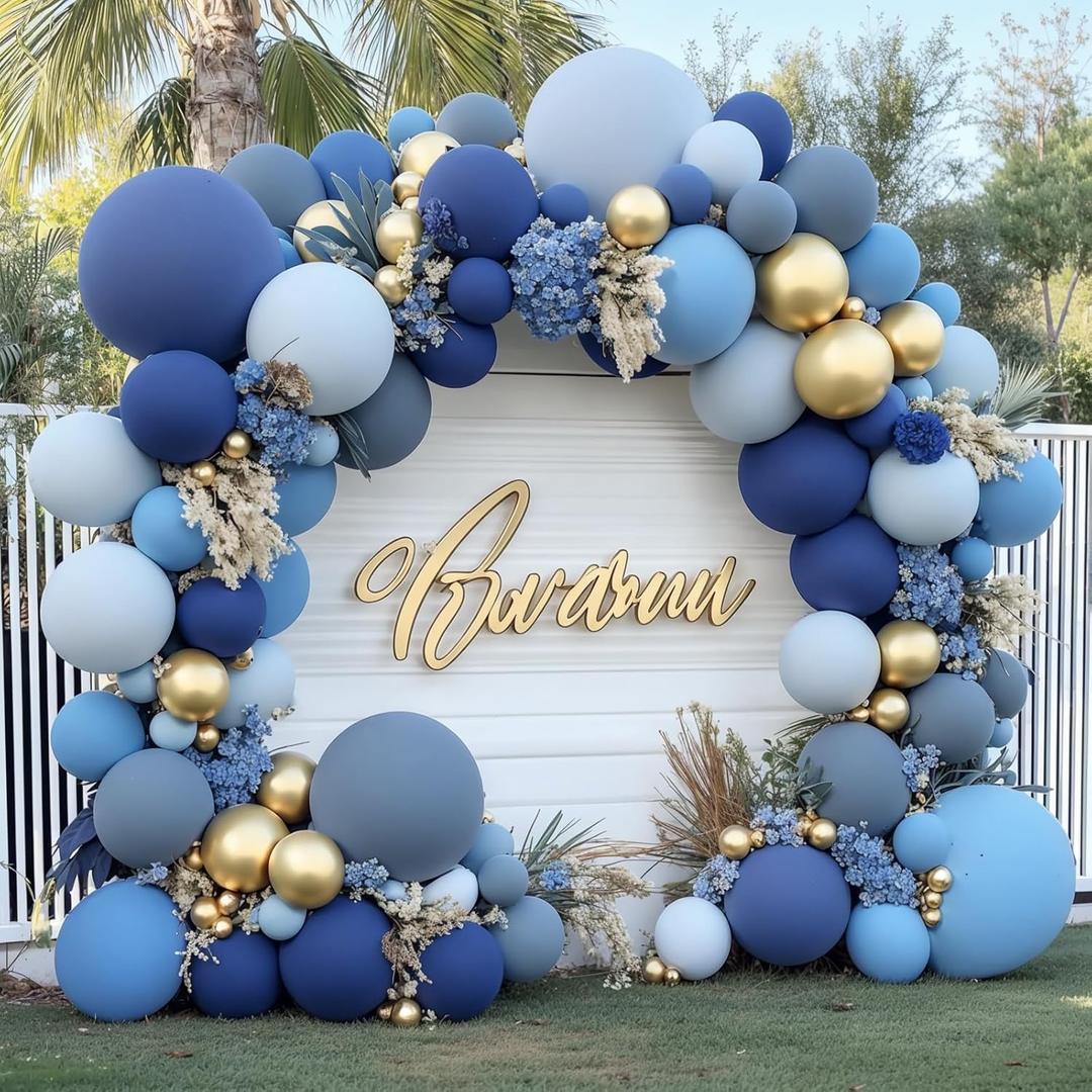 Dusty Blue Gold Balloons Arch Kit, Double Stuffed Pastel Balloon Arch Pastel Light Dark Denim Pale Blue Balloons With Blue Gold Balloons for Birthday Wedding Graduation Party Decorations