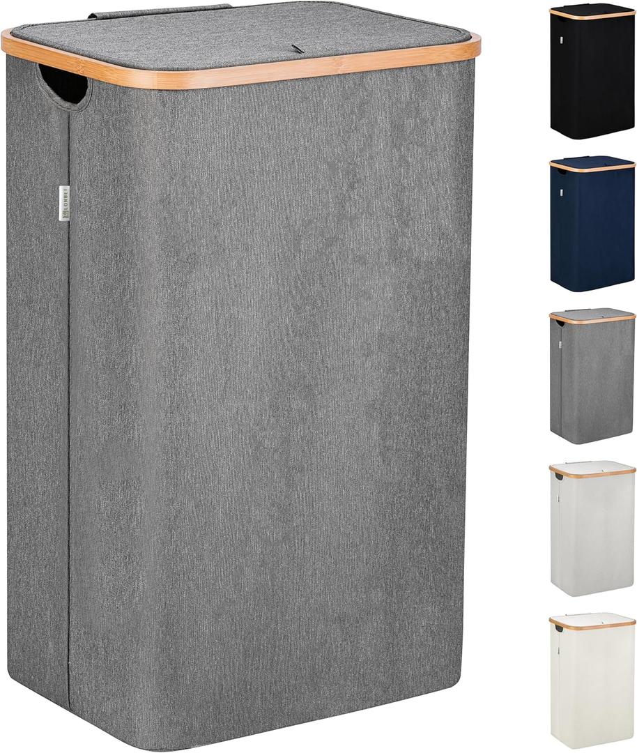 LONBET Laundry Basket with Lid, Made from Breathable Fabric | Aesthetic Clothes Hampers for Laundry with Side Handles & Sturdy Bamboo Frame (26 Gallons - Single, Gray)