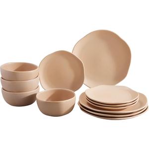 Corona Dinnerware Set 12piece, Plates and Bowls Set, Ceramic Sets for 4, Microwave and Dishwasher Safe, Areia Modern Organic Shape.