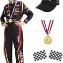 Kids Race Car Driver Costume Boys Toddler Racer Jumpsuit With Car Cap Disfraz de Carro para Nio Halloween Dress Up (110 (4-5Y), Black)