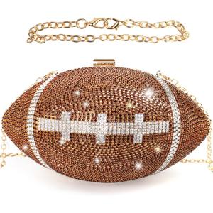 Football Purse Rhinestone Sparkly Glitter Clutch Purses Women Bling Evening Bag Crystal Rugby Ball Shaped Novelty for Party (Brown)