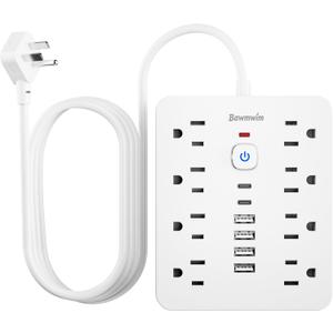 Surge Protector Power Strip - 8 Outlets(1250W/10A) 4 USB A2 USB C, 6FT Flat Plug Extension Cord, Wall Mount Multi Plug Outlet Extender, ETL Listed for Home, Dorm Room (White)
