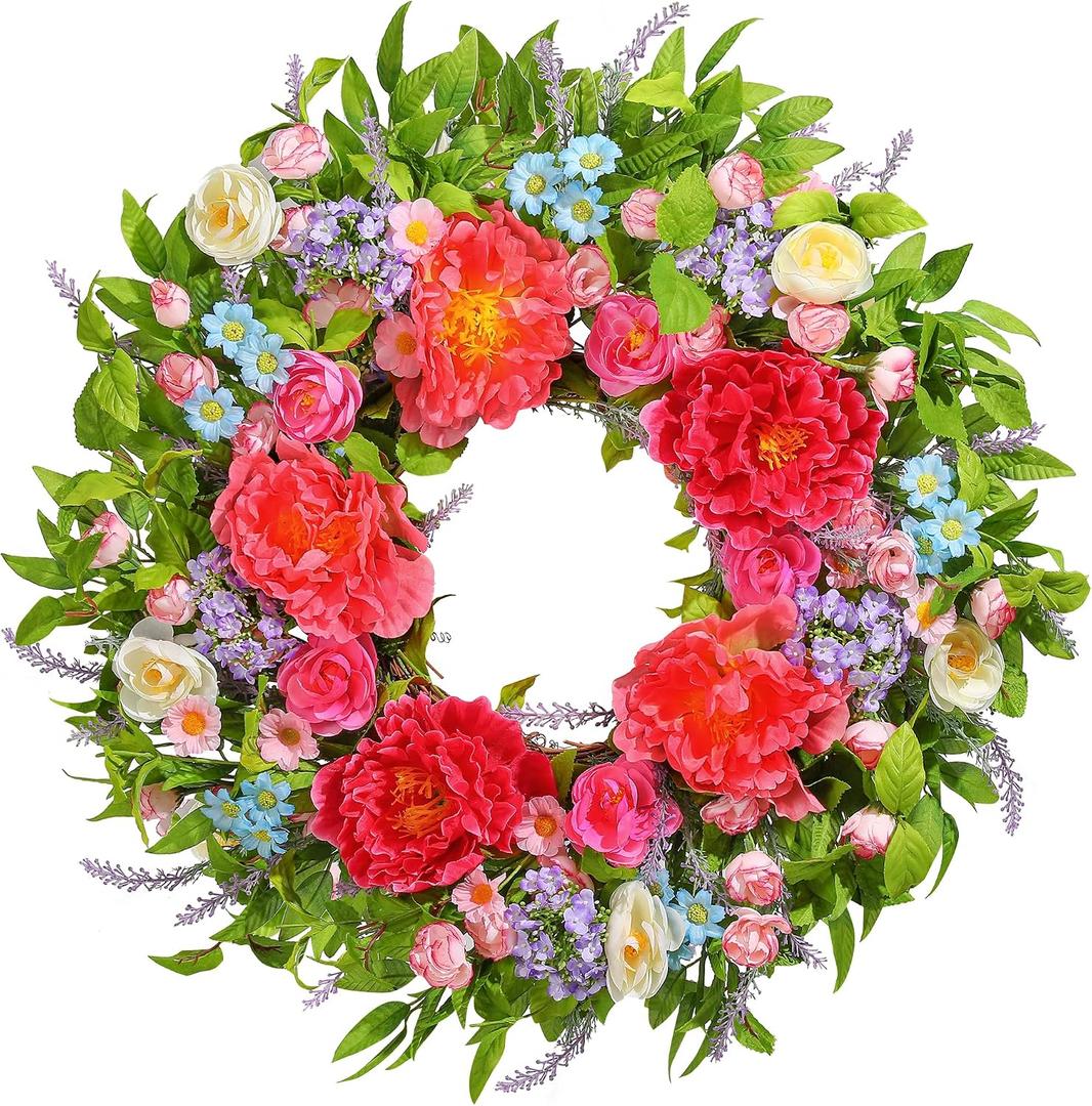 Summer Wreath for Front Door 24 Inch, Summer Wreaths with Large Peony for Home Spring Decor Easter Indoor Outdoor Wall Festival Wedding Celebrations