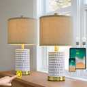 PORTRES 19" Farmhouse 3-Way Dimmable Touch Ceramic Table Lamp Set of 2 White Bedside Lamps for Bedroom Lamps for Living Room Nightstand Lamp End Table lamps with USB A+C Charging Ports(Bulbs Included)