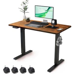 Electric Standing Desk Adjustable Height - Rolling Sit to Stand Desks on Wheels - Mobile Standup Computer Table 40 Inch Brown One Piece Desktop and Rising Frame with Storage for Home Office & Gaming (Rustic Brown)