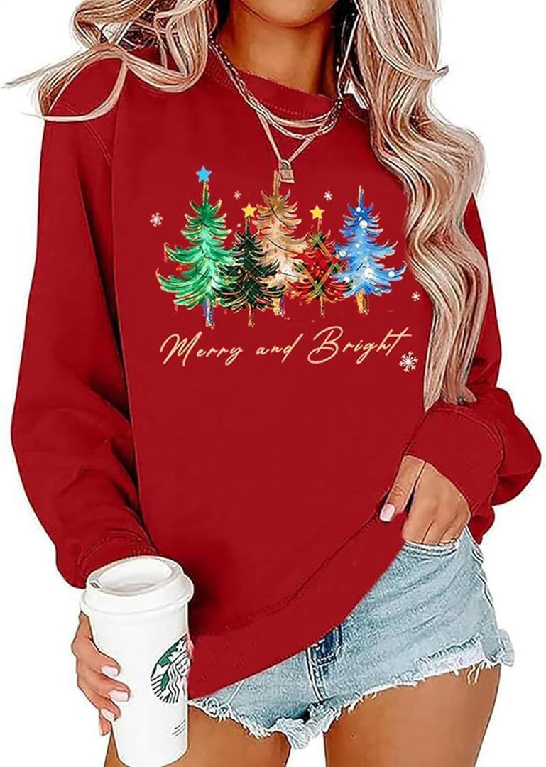 Christmas Sweatshirts for Women Merry and Bright Christmas Tree Graphic Long Sleeve shirts Xmas Holiday Party Pullover Tops (XX-Large, Red-8)