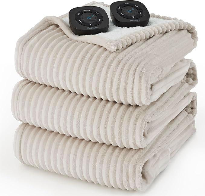 Bedsure Electric Queen Size Blanket - Soft Ribbed Flannel Heated Blanket with Dual Control, 10 Heat & 10 Time Settings, 8 Hr Auto Shut Off (84x90 Inches, Cream)