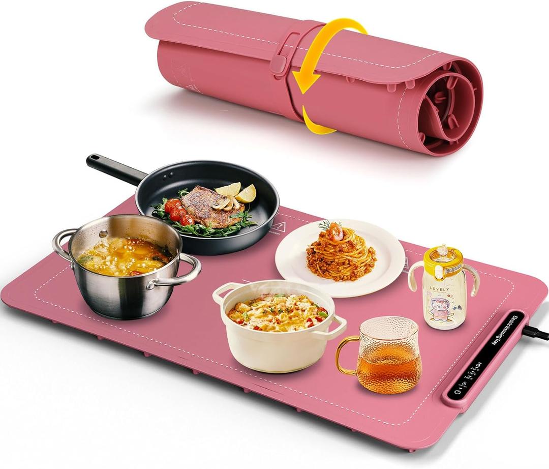 Food Warming Mat, Full Surface Heating Silicone Electric Warming Tray with 3 Level Temperature Settings, Auto Shut-Off, Foldable Roll Up Food Warmer for Parties Buffets, Gatherings (Dark Red)