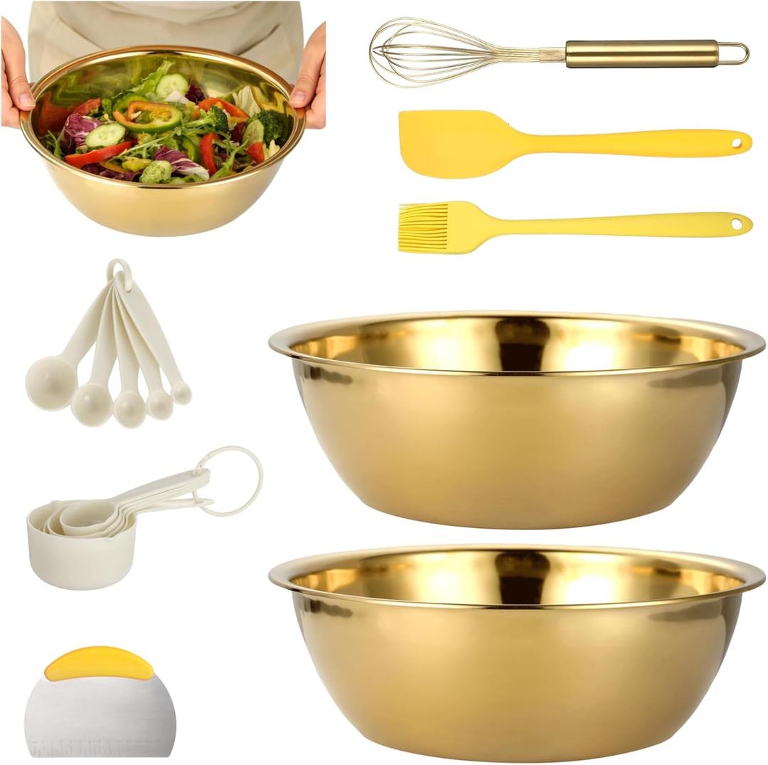 16 Pcs Gold Mixing Bowls Set, 12.5 in Stainless Steel Nesting Bowls with Measuring Cups and Spoons, Kitchen Gadgets Includes Spatula, Dough Cutter, Oil Brush, Whisk, Elegant Kitchen Accessories