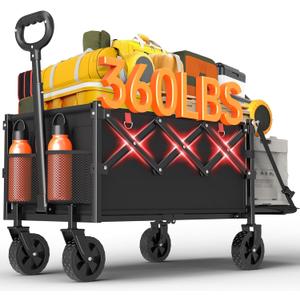 360LBS Collapsible Wagons Carts Foldable, 120L Heavy Duty Folding Beach Wagon Cart with Wheels and Tailgate, Portable Utility Outdoor Wagon for Grocery, Shopping, Garden, Sports, Camping
