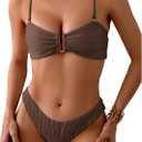ZAFUL Women's Bandeau Tie Spaghetti Strap Bikini Textured O Ring Ruched High Leg Swimsuit Cheeky Bathing Suits, Brown, Large