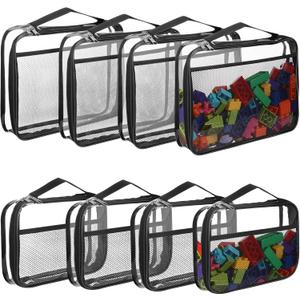8 Packs Toy Storage Bags with Zipper, Reusable Clear PVC Board Game Storage, Travel Waterproof Organizer Bags with Portable Handle for Building Blocks, Bricks, Puzzles, Books (Large+Small, Black)