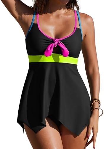 SHESHOW Tankini Swimsuits for Women 2 Piece Tummy Control V-Neck Tie Knot Flowy Color block Bathing Suit with Bottom, XX-Large