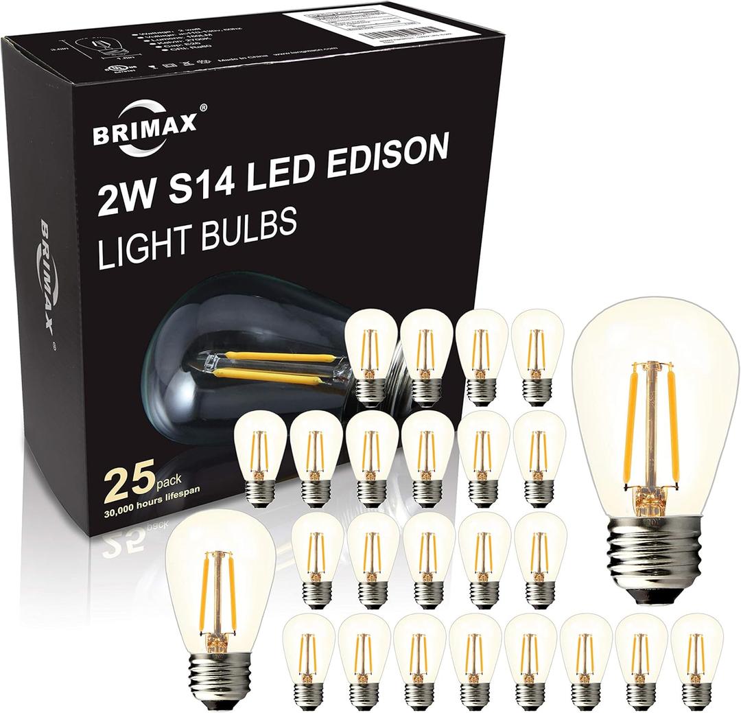 BRIMAX 25 Pack 2W S14 Replacement LED Bulbs,2700K Soft Warm White, Shatterproof Waterproof Outdoor String Light Bulbs Dimmable,E26 Medium Base,Plastic Edison Bulbs for Patio Garden