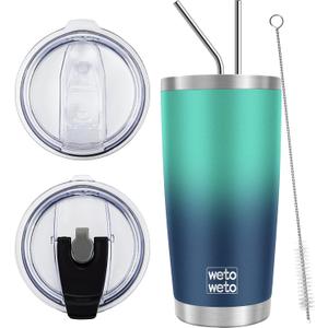 WETOWETO 20oz Insulated Stainless Steel Tumbler, Coffee Tumbler with 2 lids and 2 straws, Double Wall Vacuum Travel Coffee Mug, Powder Coated Leak-Proof Tumbler Cup (Green-Blue Gradient,1 Pack)