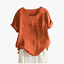 ZOCAVIA Women's Cotton Linen Shirts Summer Casual Boho Floral Short Sleeve Buttons Decor Blouse Tops Oversized Loose Fit Round Neck Graphic Ladies Tunic T Shirts Solid Brick Red Size XL
