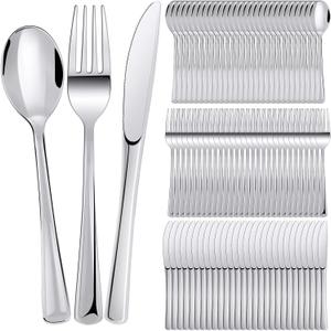 150 Pieces Disposable Cutlery Set Plastic Silverware Heavy Duty Utensil Sets 50 Forks 50 Knives 50 Spoons for Home Office School Party Picnics Restaurant Outdoor Events(Sliver)