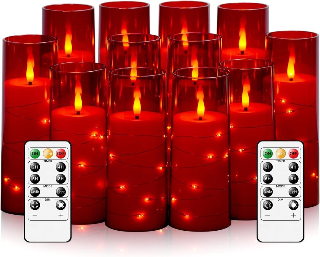 Flameless Candles with Embedded Star String - Battery Operated LED Candles, with Remote,12 Red Flickering Candles for Christmas, Weddings, Home Decor & Party,(D 2.3"H 5" 6" 7")