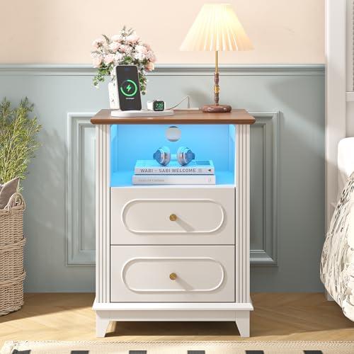 Maupvit White Nightstand with Charging Station, 17.7" W LED Night Stand End Table 2 Drawers & Storage Shelf for Bedroom,Wood Night Stand Cabinet 17.7 W*15.7" D*23.6" H