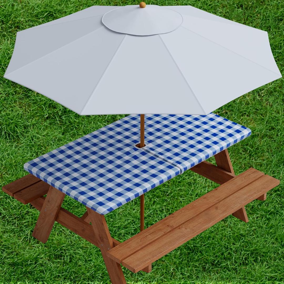 Sorfey Vinyl Umbrella Rectangle Fitted Tablecloth Cover, Checkered Design, Flannel Backed Lining 30x72 Inch, Blue