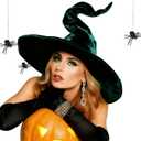 Geyoga Women Halloween Spider Witch Hat with 2 Pcs Black Halloween Spiders for Party Cosplay Costume Accessory (Dark Green)