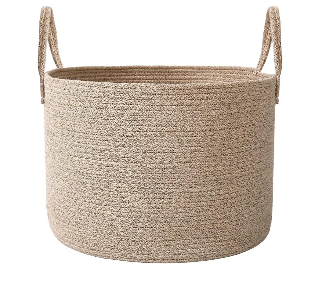 65L Extra Large Blanket Basket for Living Room - Woven Cotton Rope Laundry Hamper with Reinforced Handles - Storage Bin for Pillows, Comforters & Toys - Machine Washable,Oatmeal