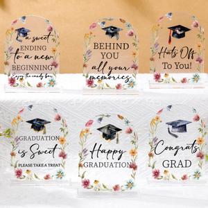 Vercraft 6 Pcs 2026 Graduation Tables Centerpieces Wildflower Candy Bar Table Decoration Please Take One Sign Congrats Acrylic Sign Centerpieces with Stand 5x7" Floral Table Decor for Graduation Party