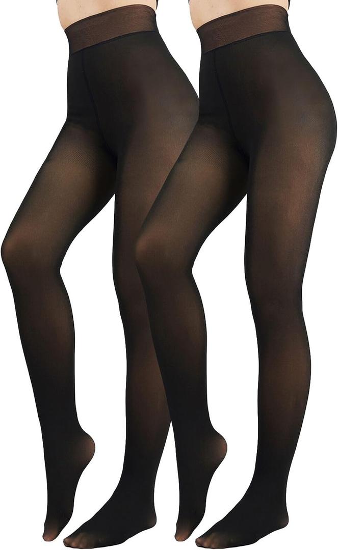 Fleece Lined Tights Sheer Women - Fake Translucent Warm Pantyhose Leggings Sheer Thick Tights for Winter (X-Small, Black+black)