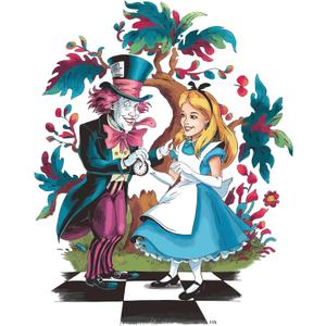 Cute Alice and Hatter Adventure World Mad Hatter Cheshire Cat Alice in Wonderland Adventurous Creative Minimalist Cartoon Girls Boys Kid Room Design Nursery Fun Home Vinyl Decoration Size (18x20 inch)