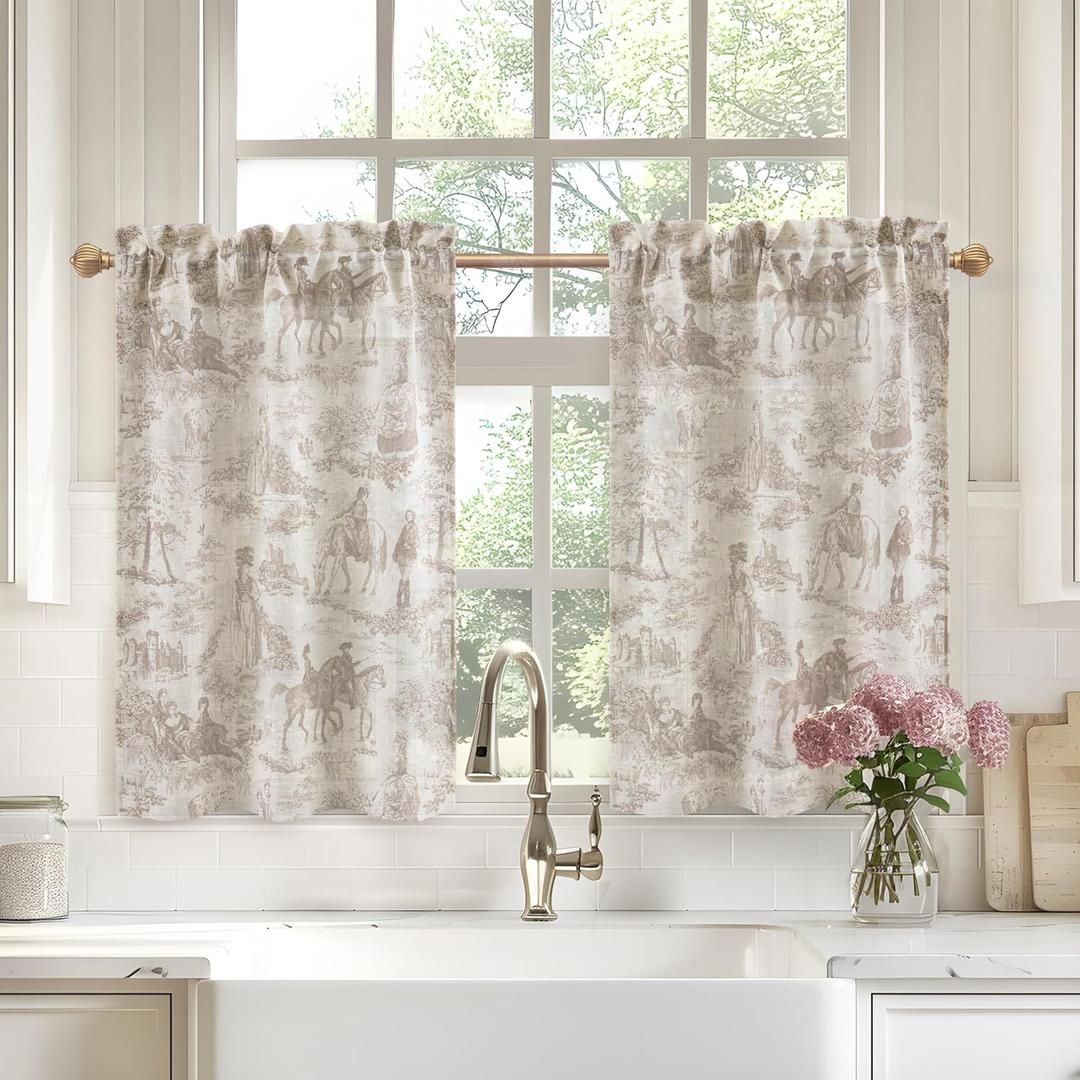 DriftAway Kitchen Curtains Toile Tier Linen Short Curtains Cafe 36 Inch Length for Living Room Bathroom Farmhouse French Country Vintage Printed Pattern Rod Pocket 2 Panels Beige