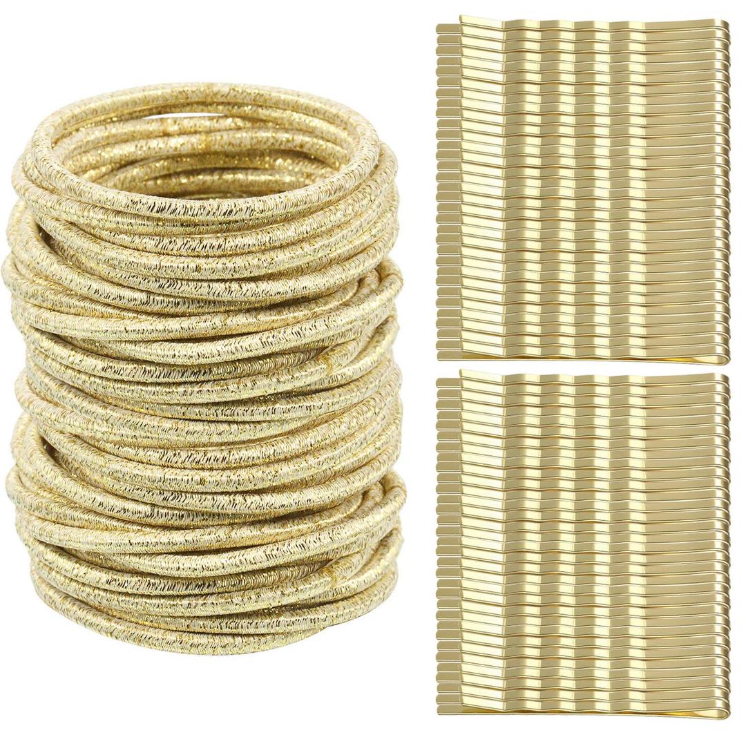 TecUnite 100 Pieces Gold Hair Ties Set Rubber Bands and Hair Bobby Pins No-metal Elastic Ties Ponytail Accessories for Women Holders Small Rubber Bands 3mm Thin Mini Ropes with 50 Bobby Pins