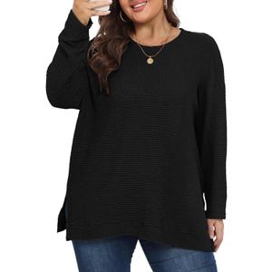 KARALIN Womens Plus Size Tops Fall CrewNeck Waffle Knit Long Sleeve Shirts Side Slits Oversized Sweater Pullover (Black, XXL)